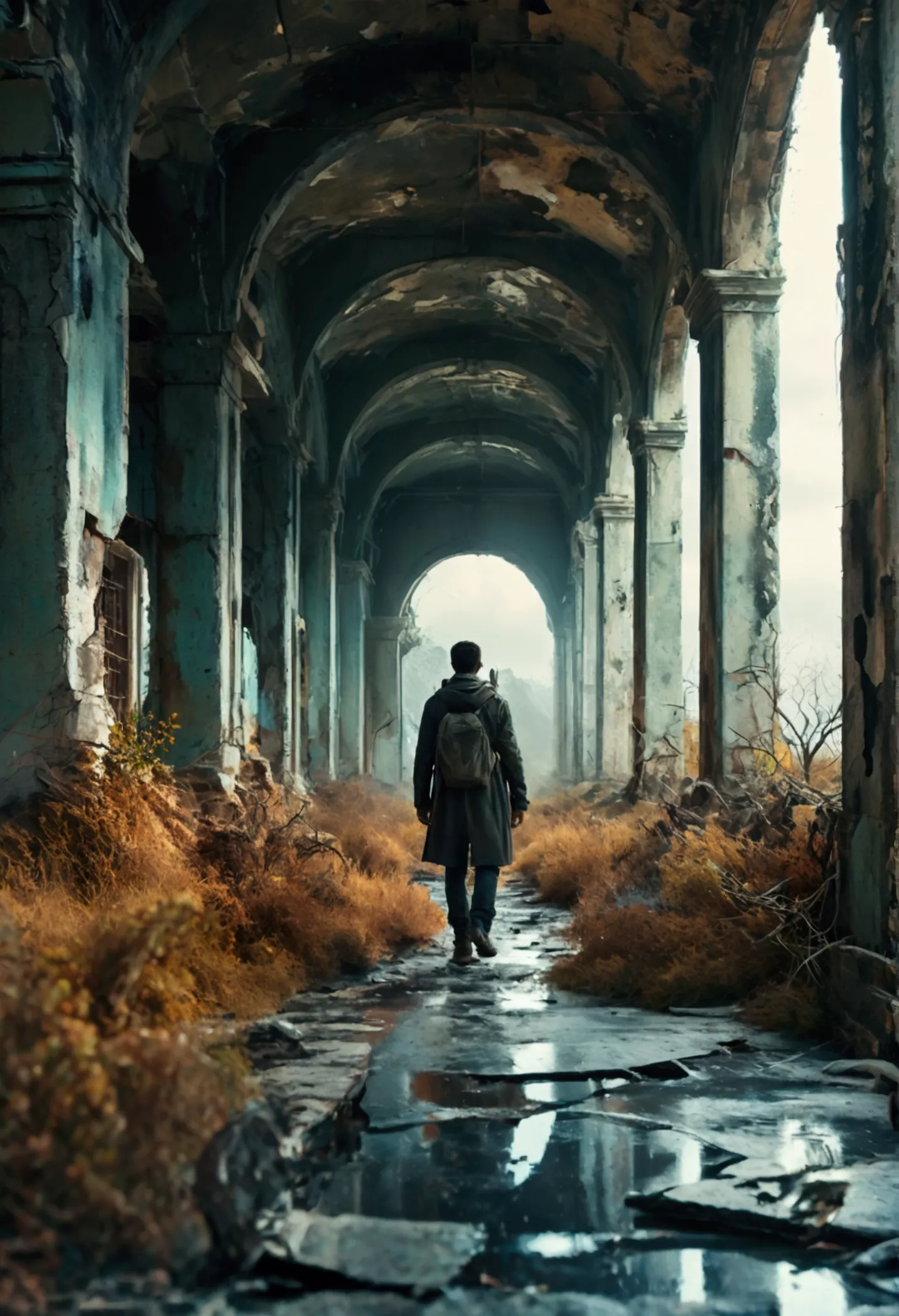 a desolated mind, a man walking in surreal landscape, taken from behind, abandoned ruins, overgrown vegetation, cracked earth, g...