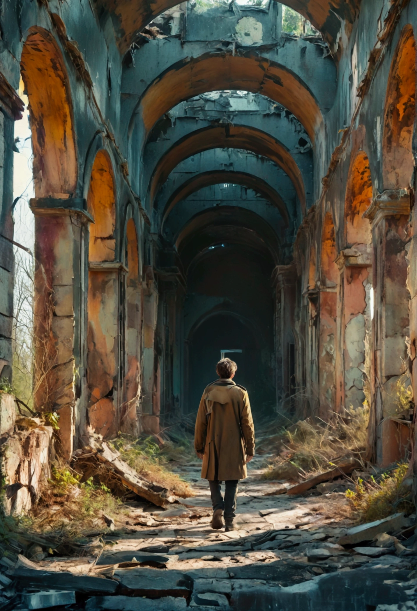 a desolated mind, a man walking in surreal landscape, taken from behind, abandoned ruins, overgrown vegetation, cracked earth, gloomy atmosphere, dramatic lighting, cool color palette, moody cinematic composition, (best quality,4k,8k,highres,masterpiece:1.2),ultra-detailed,(realistic,photorealistic,photo-realistic:1.37),dark fantasy,conceptual art,intricate details