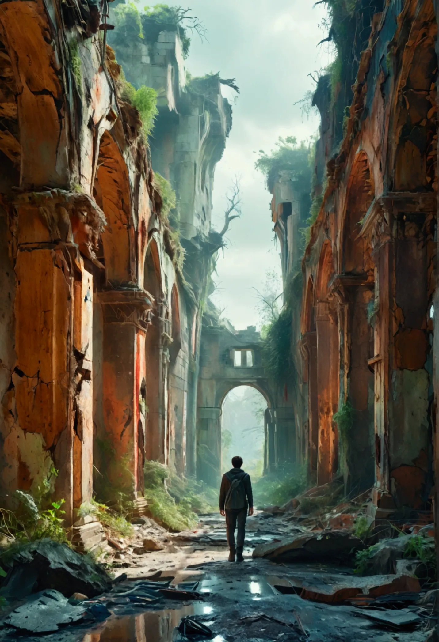 a desolated mind, a man walking in surreal landscape, taken from behind, abandoned ruins, overgrown vegetation, cracked earth, g...