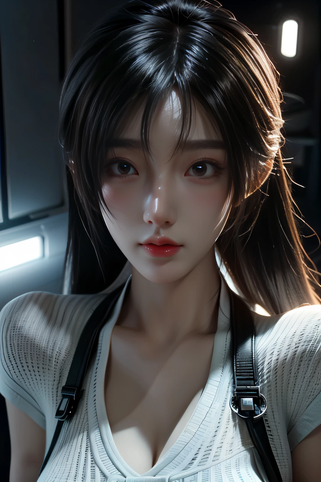 Masterpiece,Game art,The best picture quality,Highest resolution,8K,(A bust photograph),(Portrait),(Head close-up),(Rule of thirds),Unreal Engine 5 rendering works,
20 year old girl,Short hair details,With long bangs,(white hair),red eyes,Elegant and elegant,(Large, full breasts),(Wearing a white coat,Red suspender underwear),shut your mouth,serious yet charming,(scholar),photo poses,Sci-fi style laboratory,white room,
Movie lights，Ray tracing，Game CG，((3D Unreal Engine))，OC rendering reflection pattern