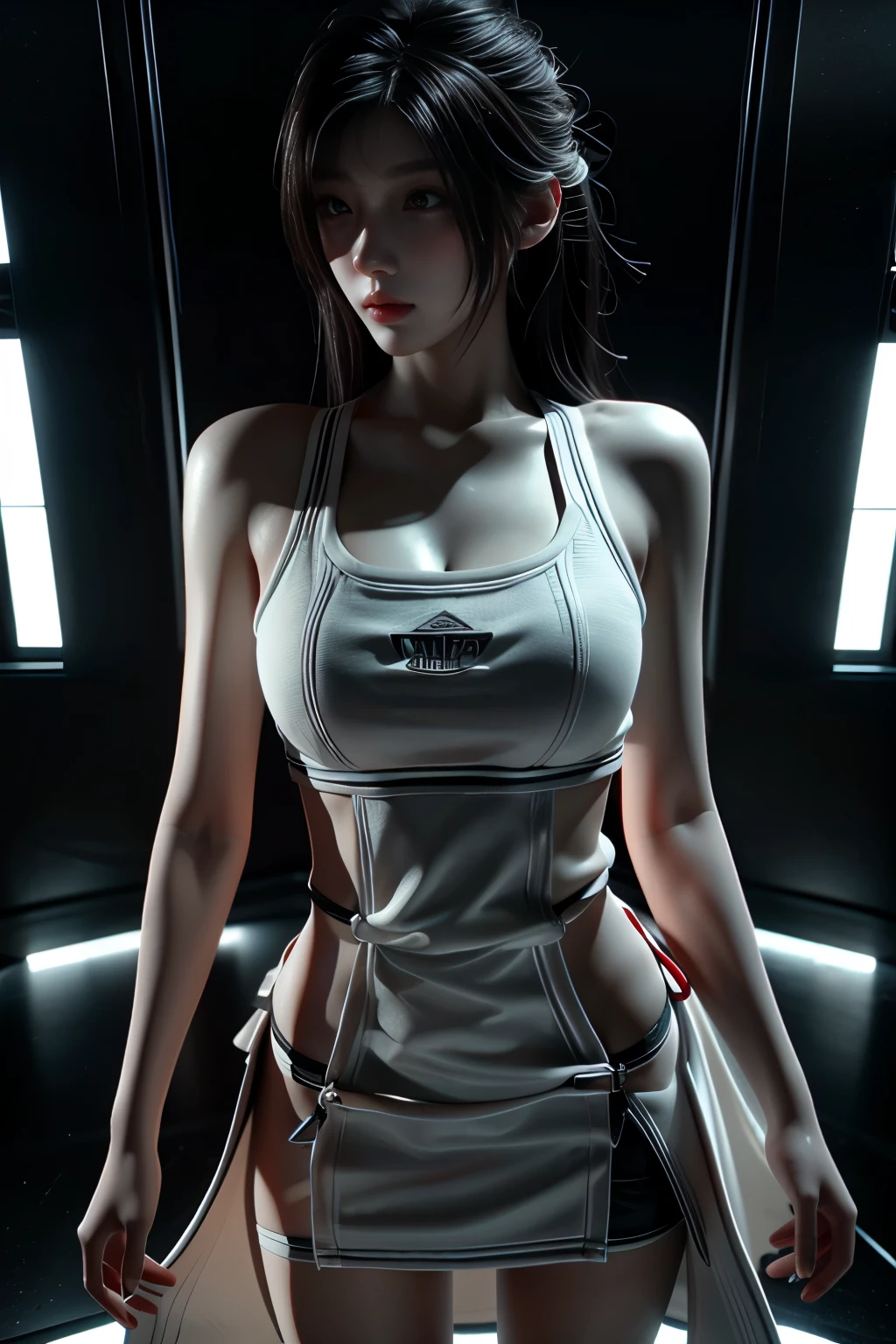 Masterpiece,Game art,The best picture quality,Highest resolution,8K,(A bust photograph),(Portrait),(Head close-up),(Rule of thirds),Unreal Engine 5 rendering works,
20 year old girl,Short hair details,With long bangs,(white hair),red eyes,Elegant and elegant,(Large, full breasts),(Wearing a white coat,Red suspender underwear),shut your mouth,serious yet charming,(scholar),photo poses,Sci-fi style laboratory,white room,
Movie lights，Ray tracing，Game CG，((3D Unreal Engine))，OC rendering reflection pattern