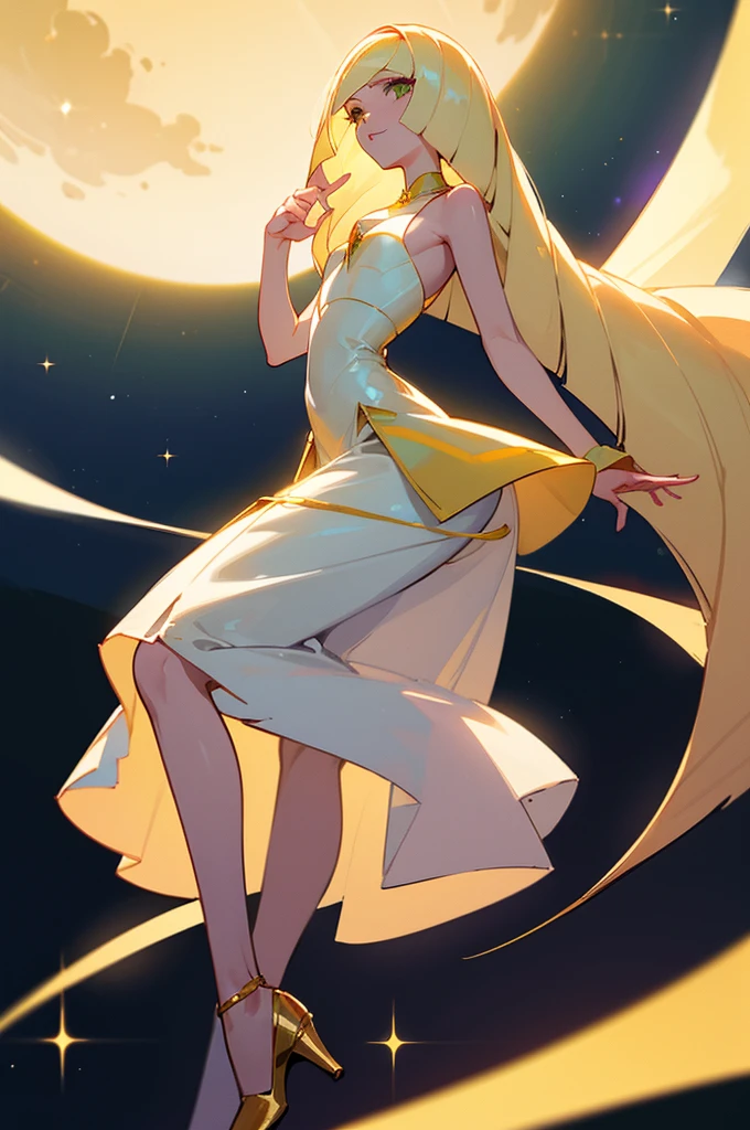 ((Highest quality)), ((masterpiece)), (Familiar), Lusamine、Ramping,thin,thin,Long blonde hair,Small breasts,Adult female,Green Eyes,Slanted Eyes,Sleeveless dress,White Dress,Gold embroidery,Long skirt,High heels,attractive、Face close-up,building,Moon and Sun、Long legs, Twinkle Star々,milky way,Bright sky,look at me,Look forward,Clear eyes and nose,cute,beautiful,