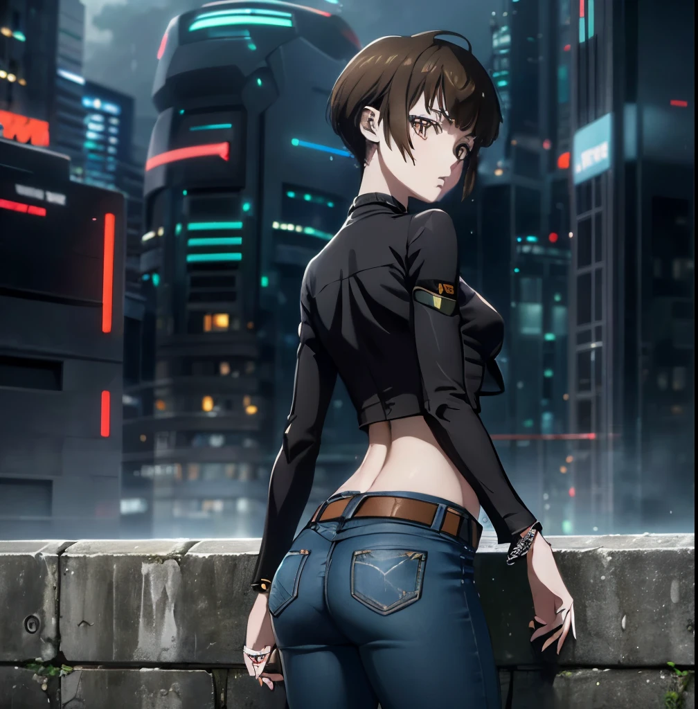 ((1girl)),((alone)),tsunemori akane, (psycho pass),(masterpiece), (best quality), (ultra detailed), (best illustration), (best shadow), (absurdities), focus sharp, cowboy shot, atmospheric perspective, depth of field, dynamic posture looking at viewer, medium breasts, narrow waist, wide hips, wide thighs, round butt, erotic, romantic, (highly detailed eyes, 1.1 lips), highly detailed eyes , eyes, Very detailed face, Very beautiful face, Symmetrical face, Aesthetic face, perfect face, perfect eyes, detailed eyelashes: 1.5), full height, beautiful slim figure, femininity, expressive appearance, elastic medium breasts, sexuality, half-open lips, brown hair, short hair, brown eyes, white skin, jewelry, ring, pants, bracelet, choker, denim jeans, skinny jeans, shirt, earrings, v, denim, black camisom, cleavage, belt, beaded bracelet, beads , bangs, black choker, curves, defined body, Perfect and beautiful body, perfect and beautiful, closed mouth, serious expression, neutral grimace, (sexy pose: 1.2), ((solo)), standing: 1.3, ((outside, cybeppunk landscape, neon lights, cityscape, futuristic streets, futuristic city, light reflection, clouds, rainy, night, city lights)), looking back, from behind, ((focus on the butt)), point view: (from the middle), perfect anatomy, perfect hands