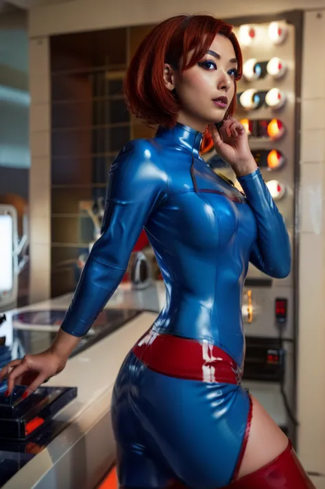 a beauty japanese woman in a detailed metallic blue bodysuit that shimmers under the neon lights starfleet uniform, highly detai...