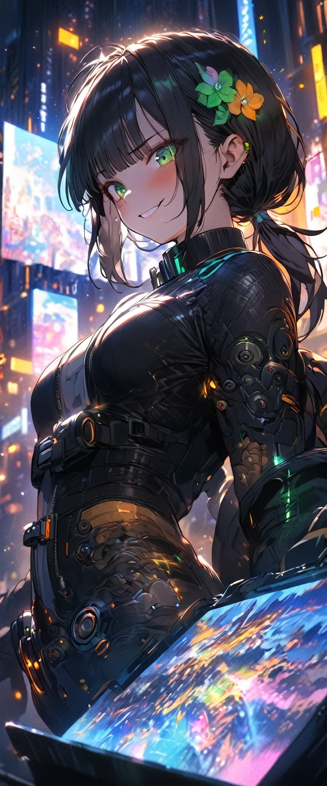 cyberpunk style black hair woman, city night background, low ponytail, hair flower, emerald green eyes, nervous smile, action painting, cinematic lighting, sparkle, anatomically correct, masterpiece, high quality, high details, best quality