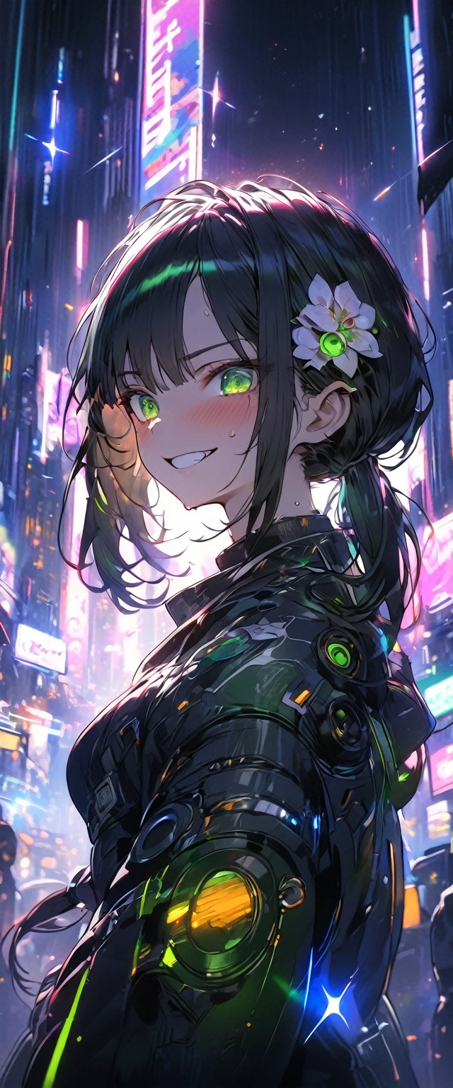 cyberpunk style black hair woman, city night background, low ponytail, hair flower, emerald green eyes, nervous smile, action painting, cinematic lighting, sparkle, anatomically correct, masterpiece, high quality, high details, best quality