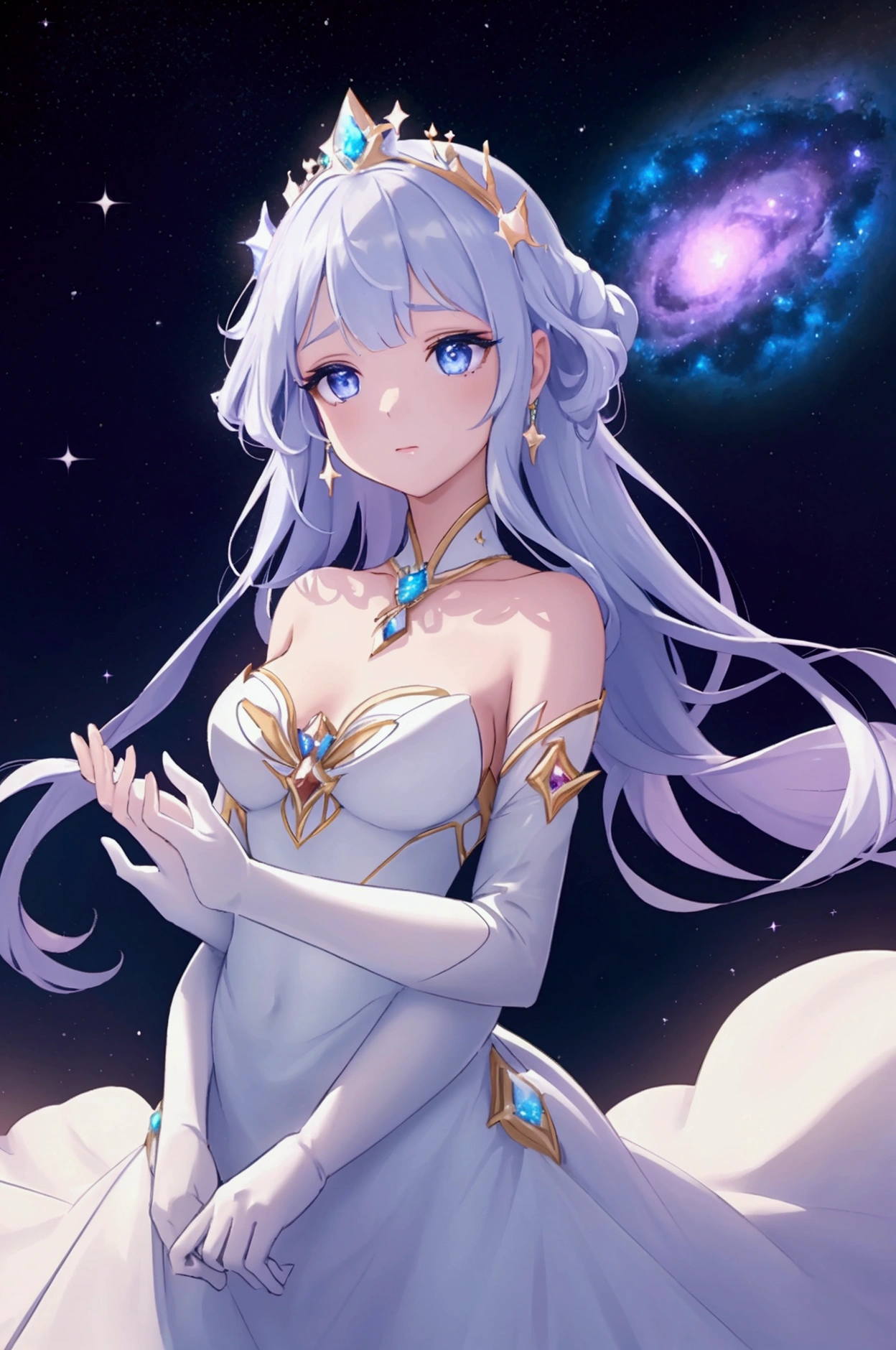  "An ethereal princess floating in space. She wears a gown made of shimmering stars, with a soft glowing aura surrounding her. Her expression is serene yet powerful, with deep eyes that reflect the wisdom of the cosmos. In the background, countless stars and a few bright galaxies are visible."