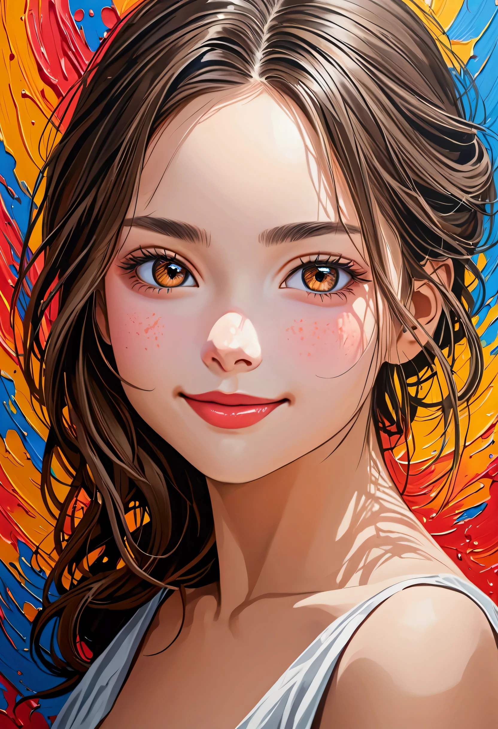 a scratch oil painting of beautiful girl with perfect face, (scratch:0.6) smile, Bright colors, scratching painting style, Perfect mix of colors, Very detailed, Best Quality Wallpapers, 8k, Absurd, Expressive realism, Perfect lightness