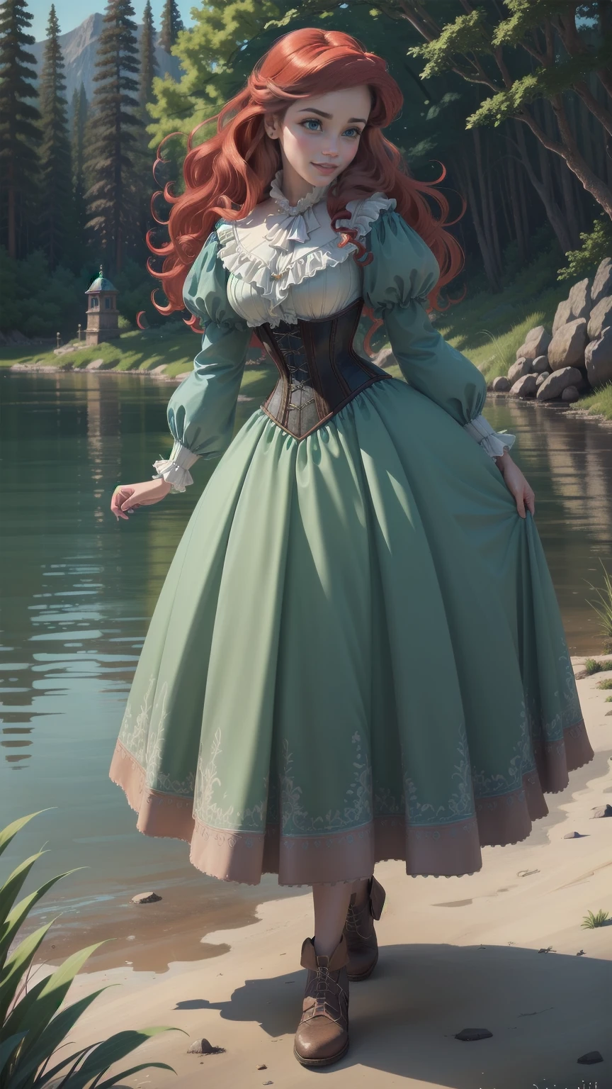 ((Full body photo, standing, feet on the ground)) Photorealistic, photography, (ArielWaifu:1), smile, cute, beautiful pose, looking at the viewer, thick thighs, (elegant party dress, hair bow, corset), walking, from below, bright red hair, (realistic: 1.2), (realism), (masterpiece: 1.2), (best quality), (ultra detailed), (8k, 4k, intricate), (full-body-shot: 1), (Cowboy-shot: 1.2), (85mm), light particles, lighting, (highly detailed: 1.2), (detailed face: 1.2), (gradients), sfw, colorful, (detailed eyes: 1.2), (detailed landscape, night, lake, magic forest, plants: 1.2), (detailed background), detailed landscape, (dynamic angle: 1.2), (dynamic pose: 1.2), (rule of third_composition:1.3), (line of action: 1.2), wide shot, daylight, soil
