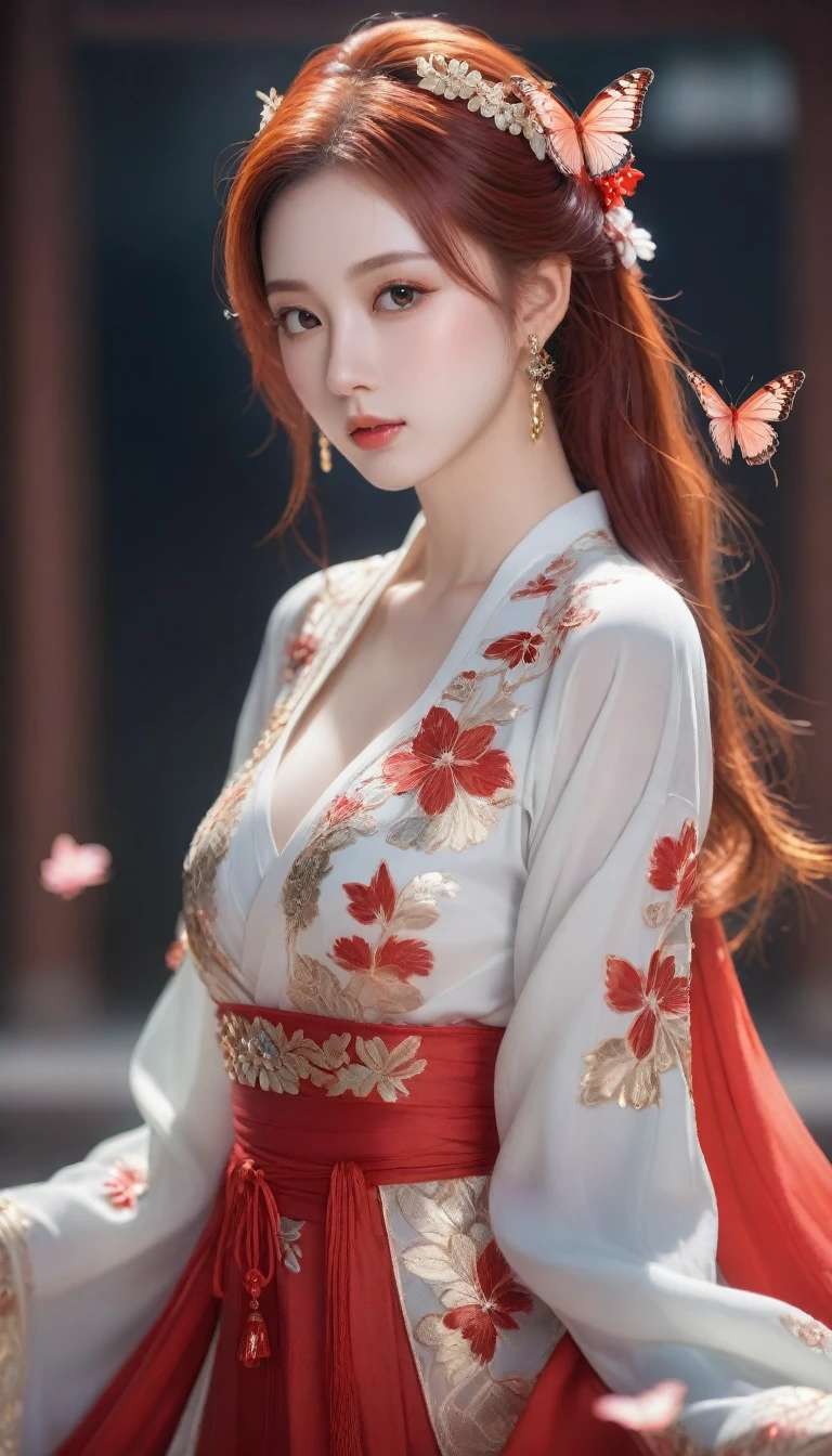 anime girl with red hair and a red dress with a butterfly in her hair, 8k high quality detailed art, 8k)), palace ， a girl in hanfu, by Fan Qi, beautiful digital artwork, a beautiful artwork illustration, by Li Song, 4k highly detailed digital art, chinese style, inspired by Ai Xuan, by Yang J