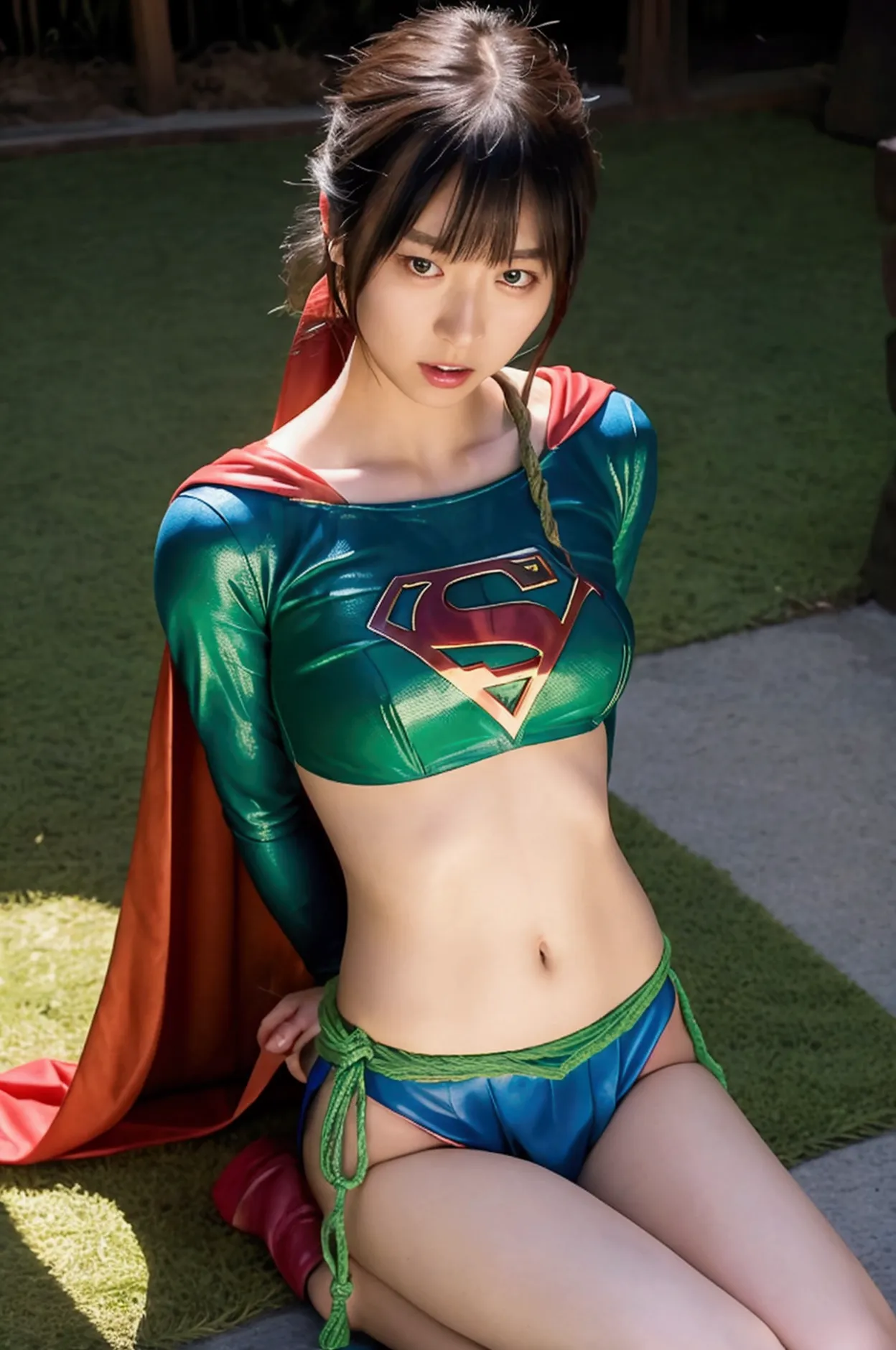 japanese supergirl has a glowing green rope wrapped around her stomach,the rope also wraps around supergirl&#39;s legs.,supergir...