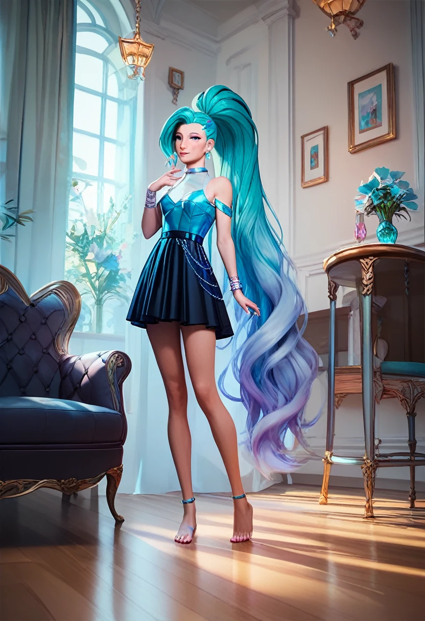 ((Full body photo, standing, feet on the floor)) score_9, score_8_up, score_7_up, score_6_up, score_5_up, score_4_up, 1girl, seraphine (KDA), aqua hair, ponytail