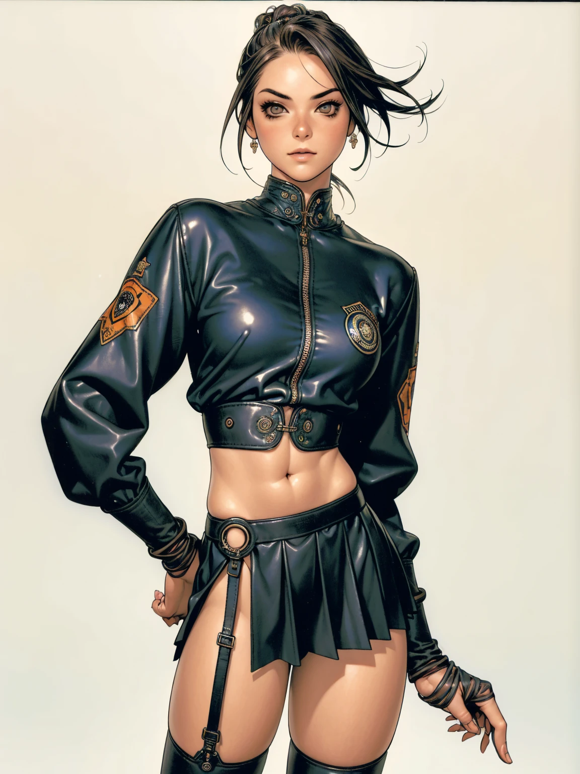 Uma Kizi jovem com cabelo bagunçado ruivo, (((police suit))), (((sexly police))), (((police cosplay))), (((wide garter belt and stockings 3/4))), (((wearing pleated leather mini skirt))), crop top with belly showing and a leather jacket, (((best qualityer))), (((manga strokes))), dramatic camera angles, design mixing contemporary and retro by Shepard Fairey, (((cowboy shot))), (((best qualityer: 1.4))), (Unbeatable masterpiece), (hiper HD),(CG 8k hyper-realistic), Kizi, (((standing alone))), pirralha violent, ((())), sexly, pose de atitude, work of art, post-apocalypse, (((manga style))), bounty hunter, violent, Manic, the way you want, sarcastic smile, slenderbody, thin but strong, perfectbody, roupa moderna, advanced technology, neon, sleeves with vertical striped pattern, neutral background, (( cowboy shot )). intricate visual