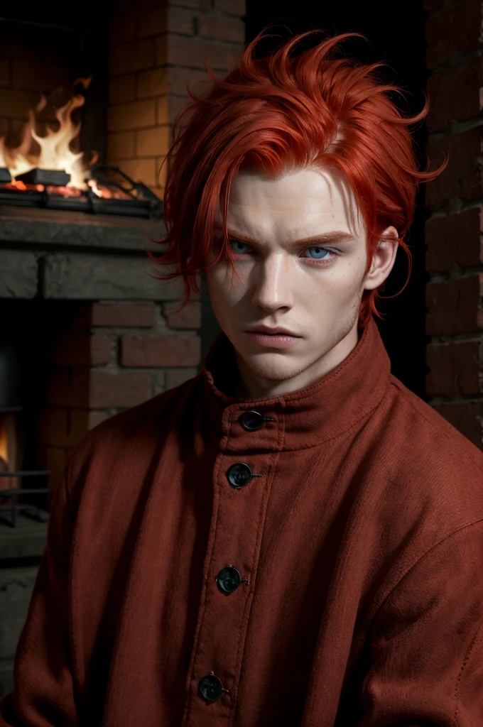 Man with red hair and eyes that burn with intense fury, wears only the hunters&#39; uniform, He is full of scars all over his body that terrify anyone, demon slayer art