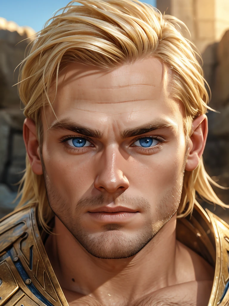 Man. Blond. Bright skin. Blue eyes. Age 30 years. Bristle. Hard facial features. Wide jaw. Thick eyebrows. Warrior.