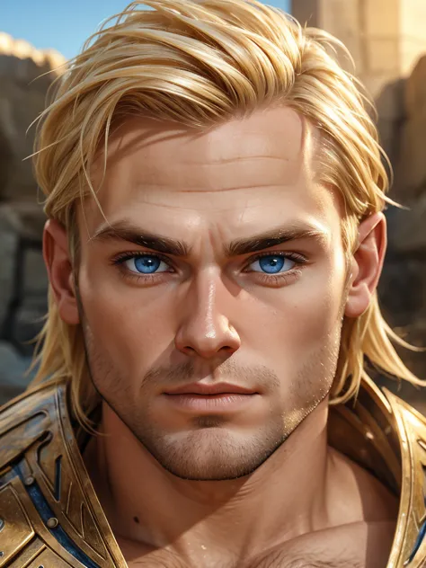 man. blond. bright skin. blue eyes. age 30 years. bristle. hard facial features. wide jaw. thick eyebrows. warrior.