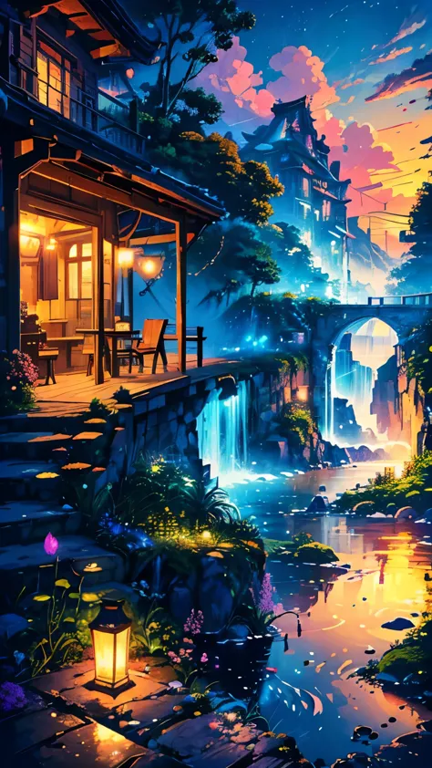 a breathtaking ultra-high-definition 4k digital painting of a serene dock bathed in ethereal neon moonlight, adorned with vibran...