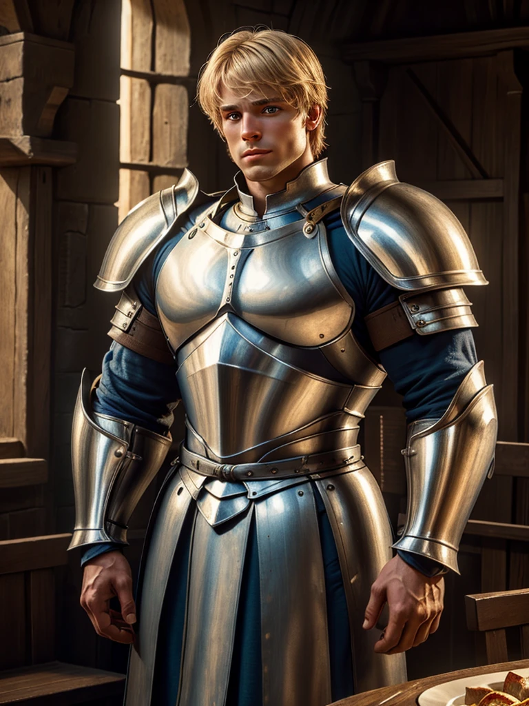 (highly detailed, detailed eyes, soft light, photorealistic, realistic light; cinematic) gorgeous 28-year-old male medieval knight with blond hair wearing full-plate armor looking over his shoulder with longing, looking at camera, expression of vulnerable longing.