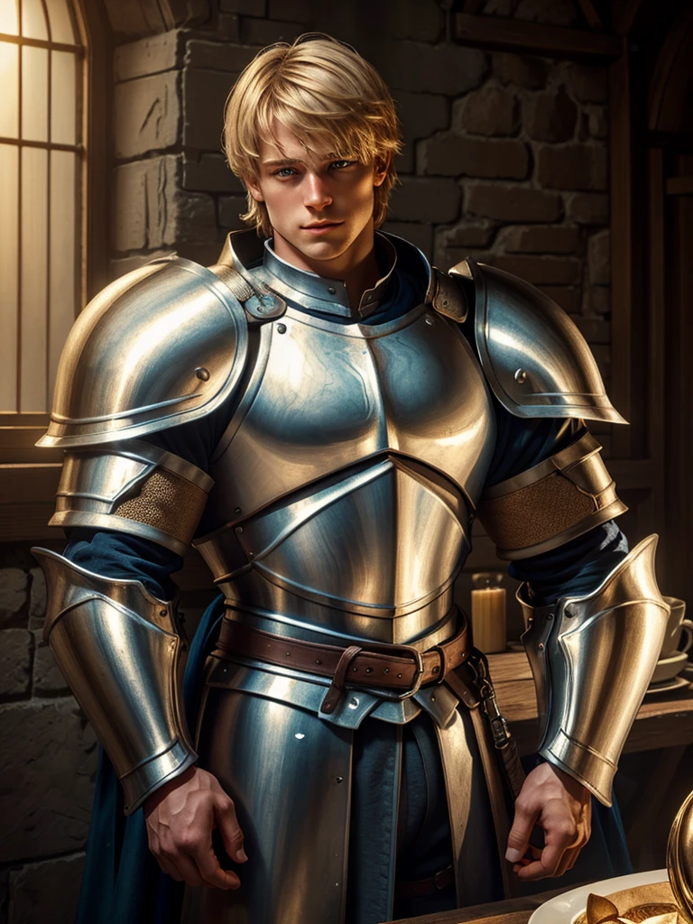 (highly detailed, detailed eyes, soft light, photorealistic, realistic light; cinematic) gorgeous 28-year-old male medieval knight with blond hair wearing full-plate armor looking over his shoulder with longing, looking at camera, expression of vulnerable longing.