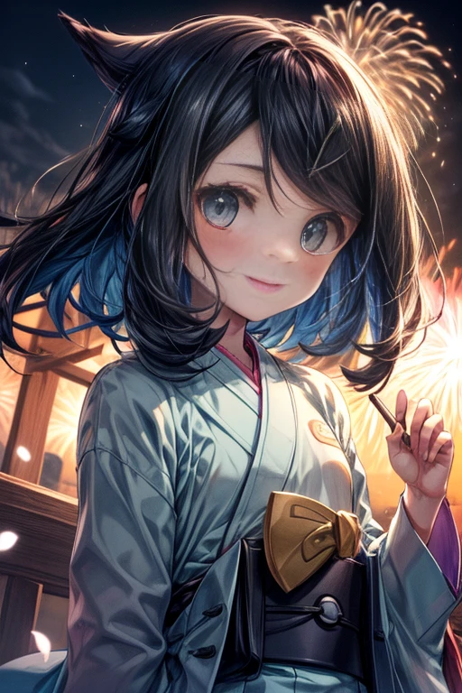 ((nsfw)), (masterpiece, Highest quality, 8K ultra-high resolution:1.4), 14yo, kawaii, Pokemon Riko, (A colorful navy blue yukata, Light blue ruffled underwear, night: 1.4), (Summer festival), ((turn around)), Beautiful Eyes,Flash photography, Backlight,  ((Close-up of face:1.4)), (The best smile of my lover:1.4), ((((Smile brightly)))), (Show your palm to the camera), (Beckon), Written boundary depth, Dramatic portrayal, (Colorful fireworks background), Focus of the film, , Emotional composition, Emotional engine full throttle BREAK Young and cute, Slender body, Flat Chest, Highly detailed glossy skin,Sweat,  完璧なPokemon Riko
, Wind, detailed in the Wind, petals dancing in the Wind
BREAK
ultra detailed crystal eyes, Eyes like shining jewels