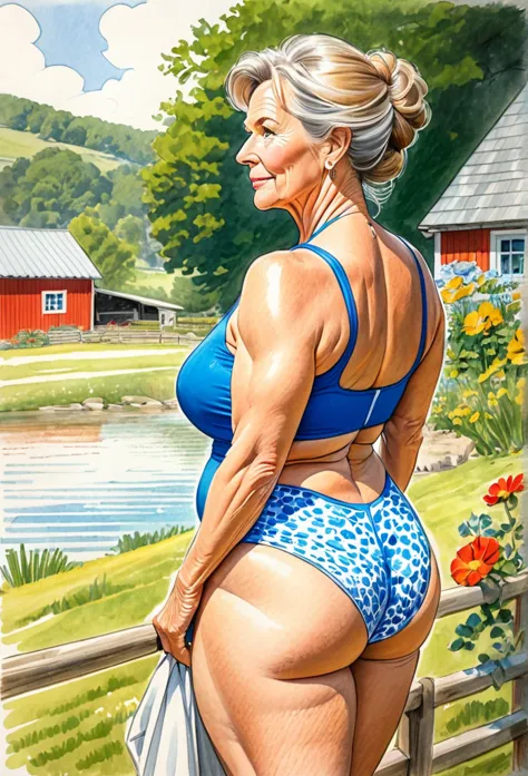 a colored pencil sketch of a beautiful 55yo swedish farm wife, she has hefty glutes, getting ready for a swim,