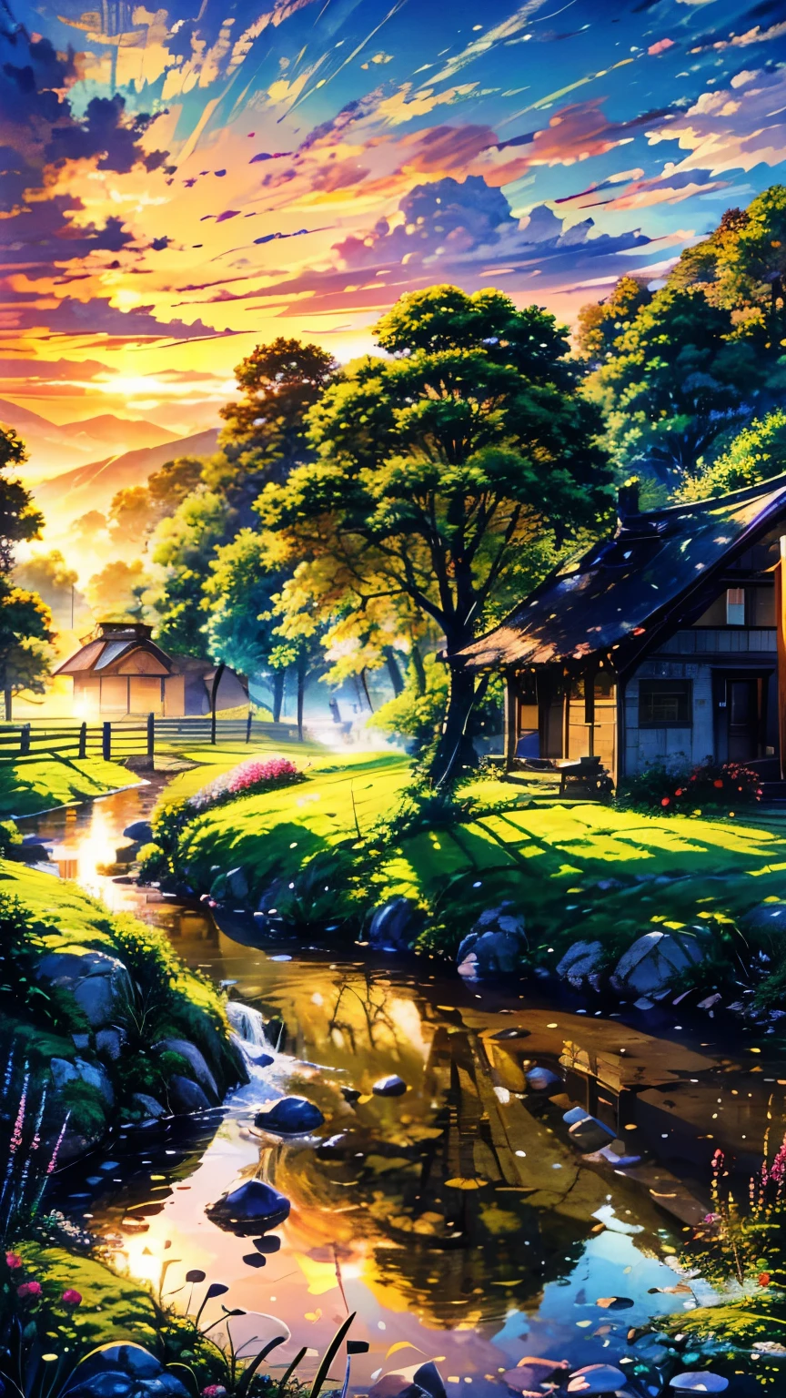 "A captivating ultra-high-definition 4K digital painting featuring a quaint, single house nestled next to a solitary, ancient tree, all surrounded by a sprawling field of vibrant, blooming flowers. The house, with its rustic charm and warm, glowing windows, exudes a sense of cozy solitude. The tree stands tall and wise, its branches gently swaying in the soft, magical breeze, with leaves that shimmer in the subtle light of a setting sun. The flower field is alive with rich, colorful blossoms that carpet the landscape, each petal intricately detailed, creating a mesmerizing tapestry of nature’s beauty. A gentle mist rises from the dewy ground, catching the last rays of sunlight and casting a golden glow across the scene. Every element of the painting is meticulously rendered, from the texture of the wooden house to the delicate hues of the flowers. The atmosphere is serene and enchanting, a perfect blend of natural beauty and peaceful solitude, making the artwork a stunning portrayal of tranquility and timelessness in a magical, idyllic setting."