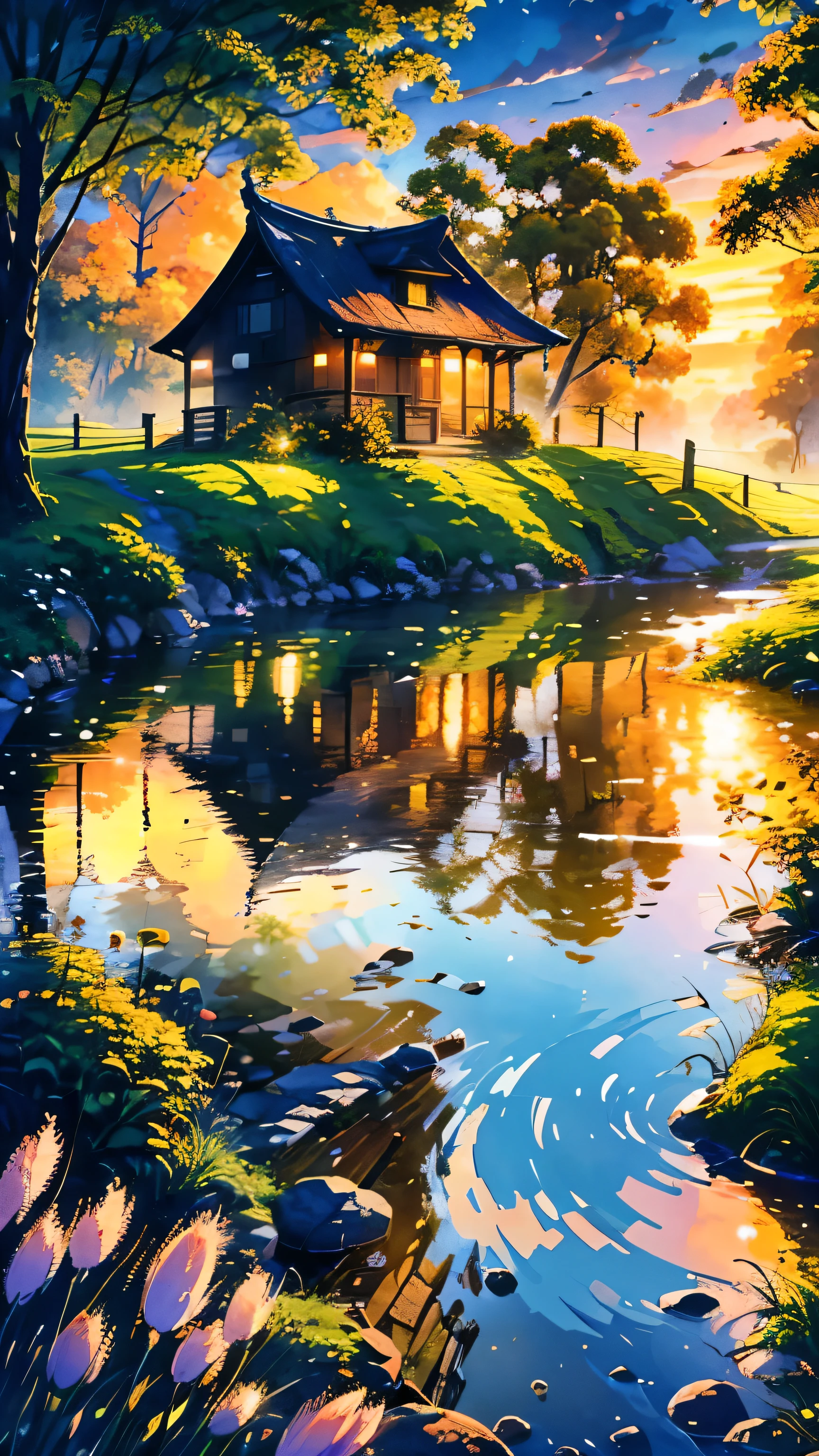 "A captivating ultra-high-definition 4K digital painting featuring a quaint, single house nestled next to a solitary, ancient tree, all surrounded by a sprawling field of vibrant, blooming flowers. The house, with its rustic charm and warm, glowing windows, exudes a sense of cozy solitude. The tree stands tall and wise, its branches gently swaying in the soft, magical breeze, with leaves that shimmer in the subtle light of a setting sun. The flower field is alive with rich, colorful blossoms that carpet the landscape, each petal intricately detailed, creating a mesmerizing tapestry of nature’s beauty. A gentle mist rises from the dewy ground, catching the last rays of sunlight and casting a golden glow across the scene. Every element of the painting is meticulously rendered, from the texture of the wooden house to the delicate hues of the flowers. The atmosphere is serene and enchanting, a perfect blend of natural beauty and peaceful solitude, making the artwork a stunning portrayal of tranquility and timelessness in a magical, idyllic setting."