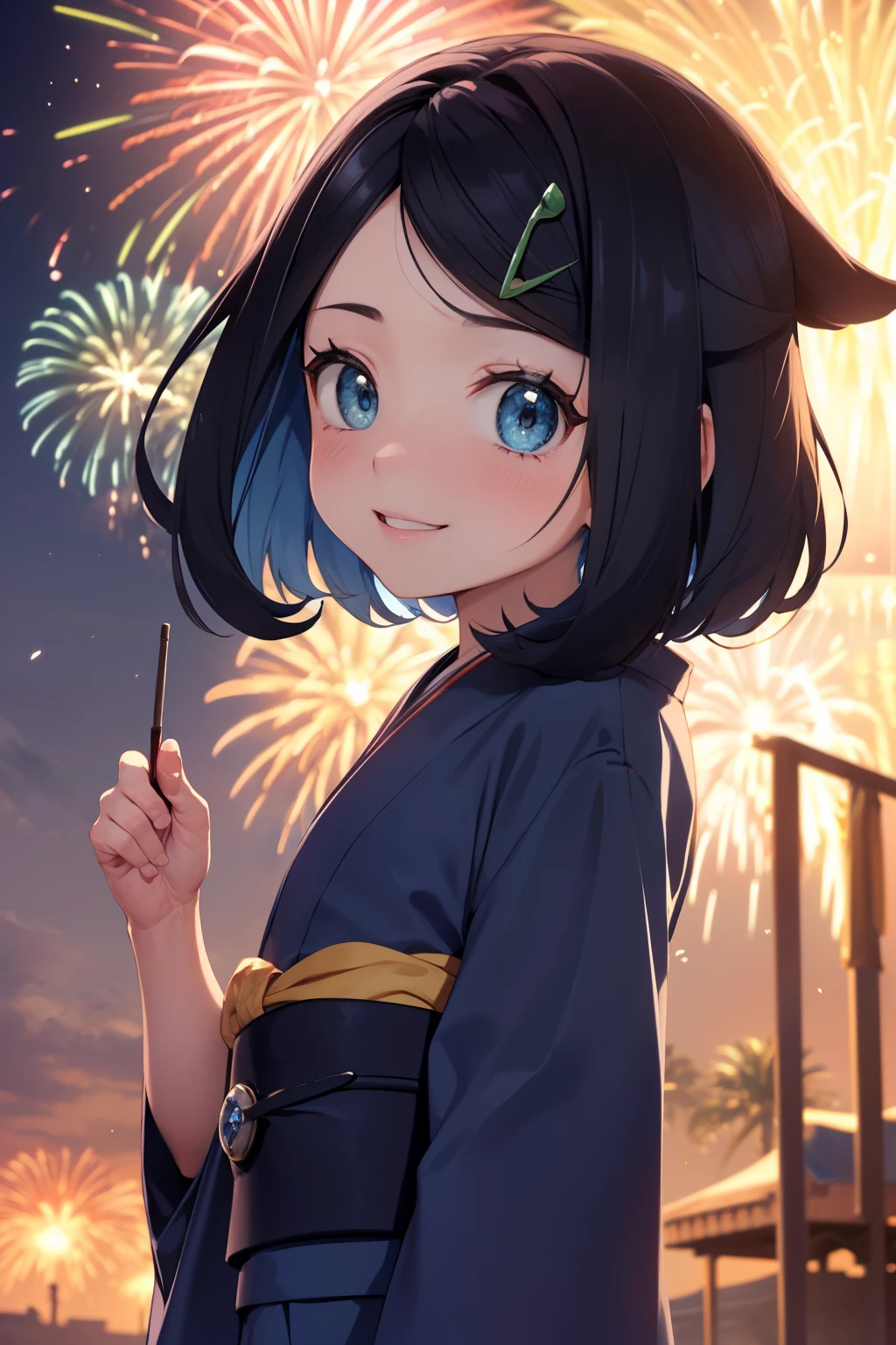 ((nsfw)), (masterpiece, Highest quality, 8K ultra-high resolution:1.4), 14yo, kawaii, Pokemon Riko, (A colorful navy blue yukata, Frills, night: 1.4), (Summer festival), ((turn around)), Beautiful Eyes,Flash photography, Backlight,  ((Close-up of face:1.4)), (The best smile of my lover:1.4), ((((Smile brightly)))), (Show your palm to the camera), (Beckon), Written boundary depth, Dramatic portrayal, (Colorful fireworks background), Focus of the film, , Emotional composition, Emotional engine full throttle BREAK Young and cute, Slender body, Flat Chest, Highly detailed glossy skin,Sweat,  完璧なPokemon Riko
, Wind, detailed in the Wind, petals dancing in the Wind
BREAK
ultra detailed crystal eyes, Eyes like shining jewels