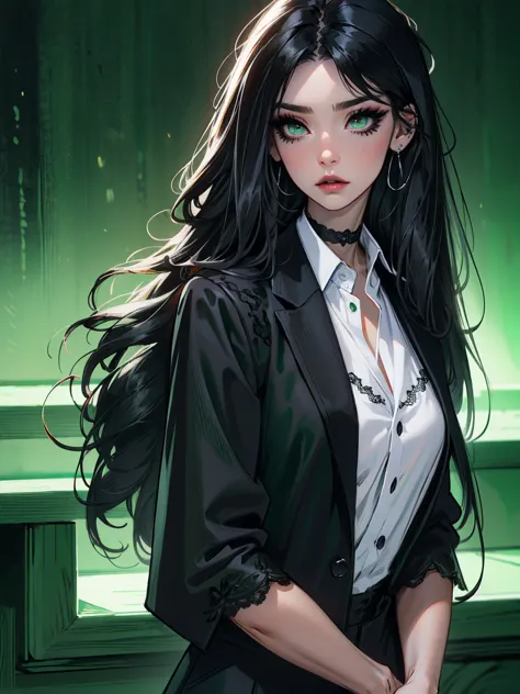 emo_hairstyle, ((tight black suit)), (black lace blazer), black tie, ((long hair)), ((straight hair)), (((black hair))), side sw...