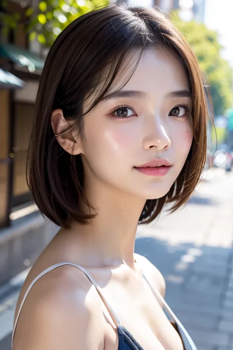 with the alleys of kyoto in the background、18-year-old girl、independent、look forward to、light eye makeup、brown hair color、flat 、...