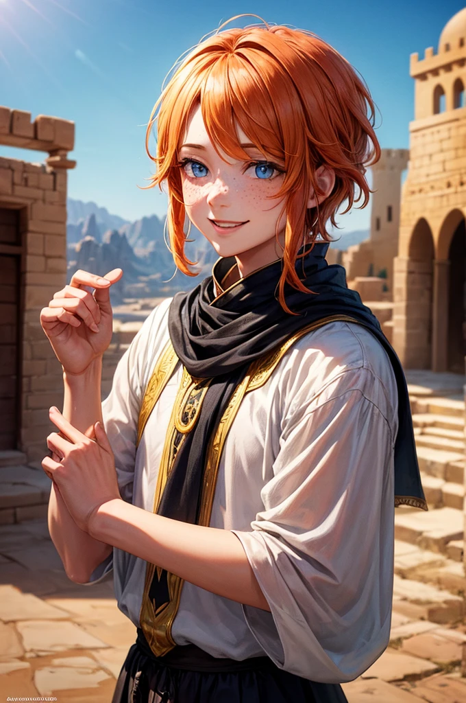 a young man with medium-length orange hair, wearing a schoolboy, oriental-style sorcerer's outfit, looking like a magician, with freckles, with hazel eyes and a cheerful expression, smiling, oasis, ancient arabic building style, in a desert, desert plant, desert flowers, arabic-style castle, MAGIC, magic circle, natural light, detailed face, beautiful eyes, delicate features, soft colors, serene atmosphere, high quality, detailed, photorealistic, photo-realistic:1. 37, 4k, ultra-detailed, extremely detailed, hyperrealistic, highly detailed, masterpiece:1.2, vibrant colors, natural lighting, cinematic, dramatic, fantastic, magical, surreal.