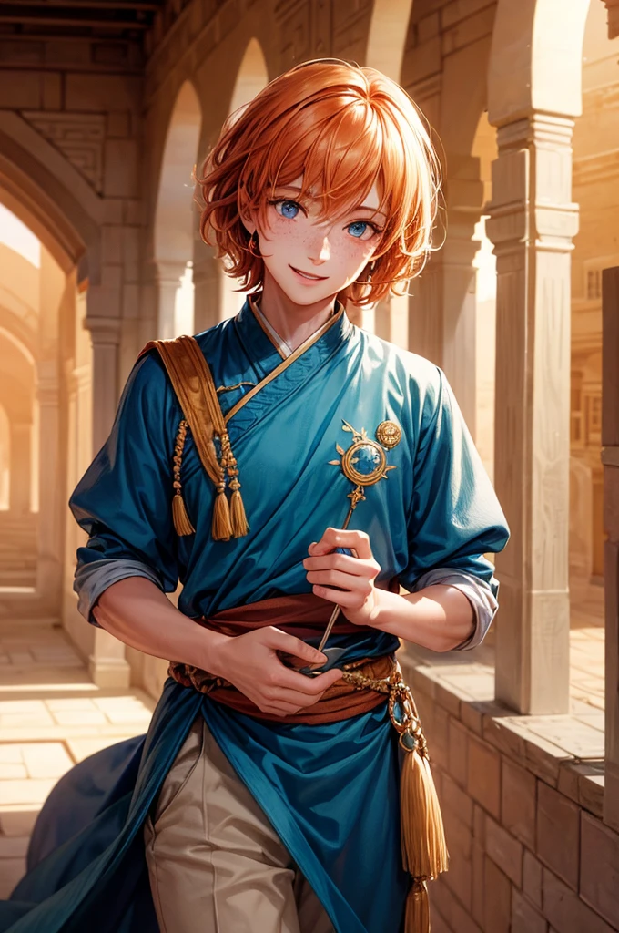 a young man with medium-length orange hair, wearing a schoolboy, oriental-style sorcerer's outfit, looking like a magician, with freckles, with hazel eyes and a cheerful expression, smiling, oasis, ancient arabic building style, in a desert, desert plant, desert flowers, arabic-style castle, MAGIC, magic circle, natural light, detailed face, beautiful eyes, delicate features, soft colors, serene atmosphere, high quality, detailed, photorealistic, photo-realistic:1. 37, 4k, ultra-detailed, extremely detailed, hyperrealistic, highly detailed, masterpiece:1.2, vibrant colors, natural lighting, cinematic, dramatic, fantastic, magical, surreal.