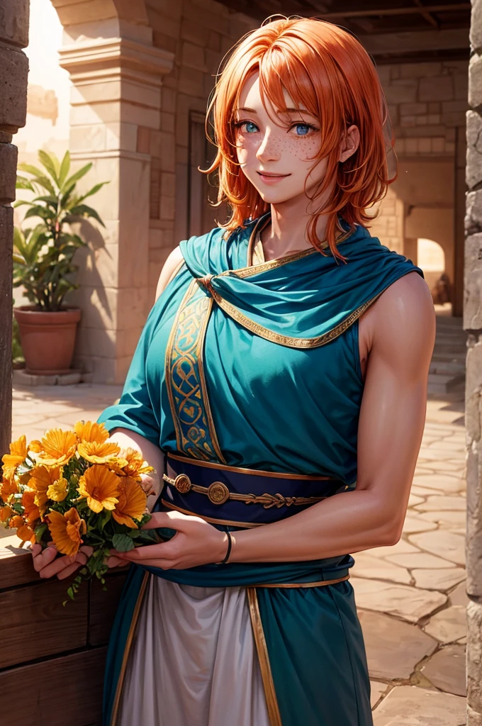 a young man with medium-length orange hair, wearing a schoolboy, oriental-style sorcerer's outfit, looking like a magician, with freckles, with hazel eyes and a cheerful expression, smiling, oasis, ancient arabic building style, in a desert, desert plant, desert flowers, arabic-style castle, MAGIC, magic circle, natural light, detailed face, beautiful eyes, delicate features, soft colors, serene atmosphere, high quality, detailed, photorealistic, photo-realistic:1. 37, 4k, ultra-detailed, extremely detailed, hyperrealistic, highly detailed, masterpiece:1.2, vibrant colors, natural lighting, cinematic, dramatic, fantastic, magical, surreal.