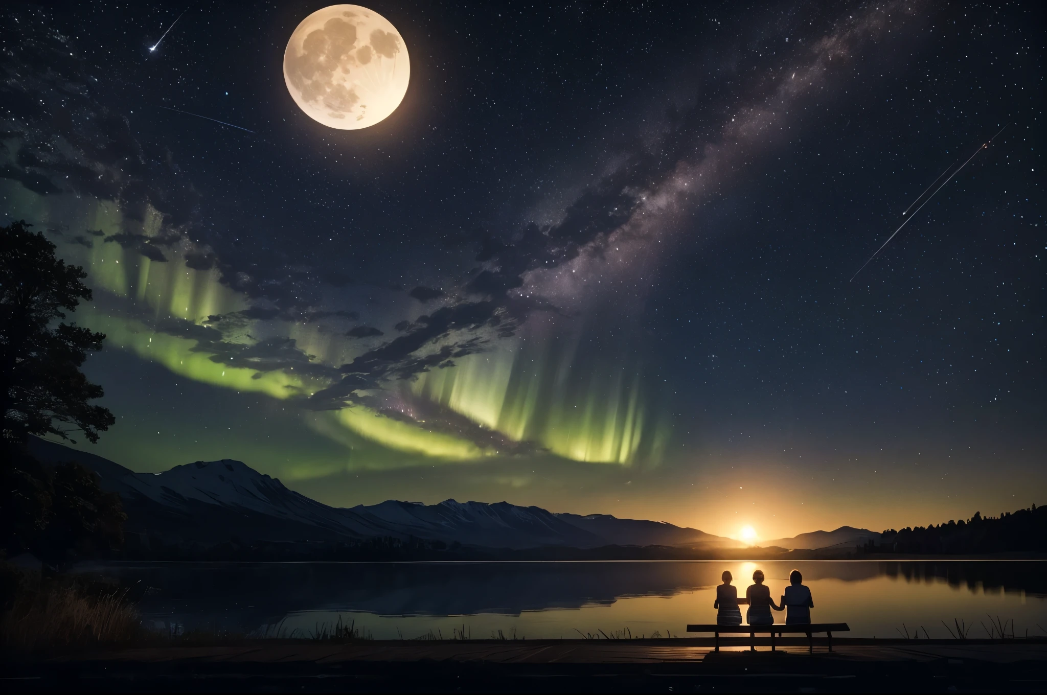 Extremely detailed scene, evening, countryside, lakeside, summertime, nighttime, silhouette of a couple sitting on a dock overlooking a lake, full moon, stars, meteor, northern lights, trees and mountains in the distance, detailed cinematic, 