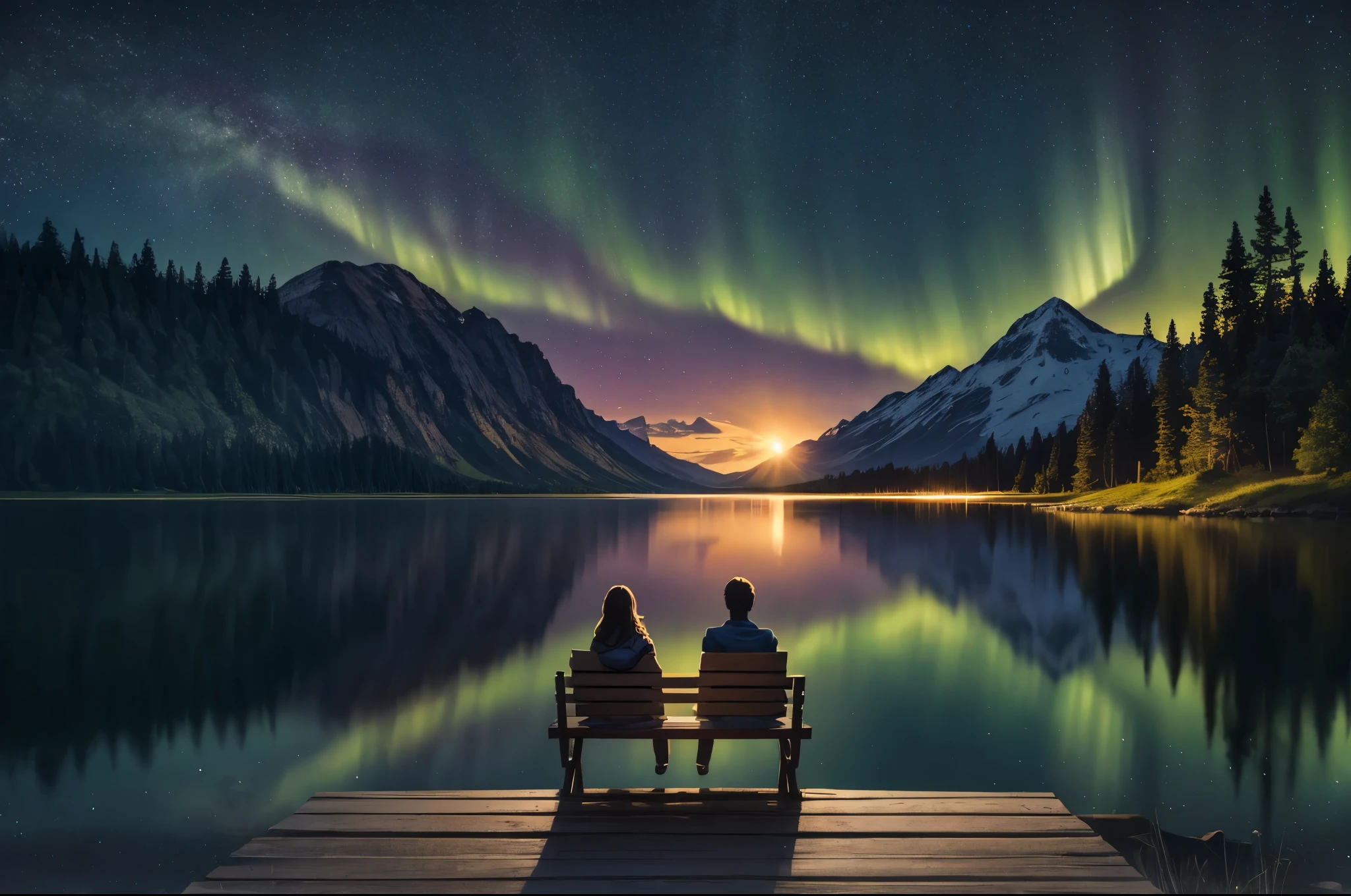 Extremely detailed scene, evening, countryside, lakeside, summertime, nighttime, silhouette of a couple sitting on a dock overlooking a lake, full moon, stars, meteor, northern lights, trees and mountains in the distance, detailed cinematic, 