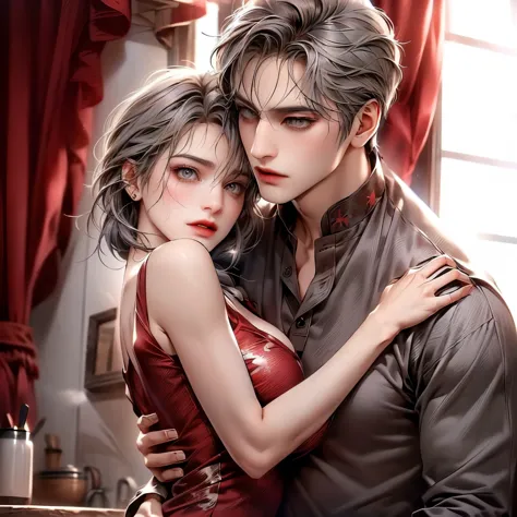 (masterpiece), (5k), (best quality), 2d couple, ((a young gray hair couple)), ((a gray hair woman , pushed back locks, sharp eye...