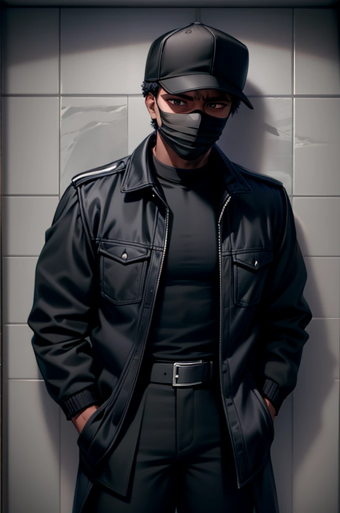 1 guy with dark skin, hands in jacket pockets, wearing open black jacket with lots of belts. Black pants, wearing black baseball cap and black face mask covering only mouth, short white hair. has two small black blades sheathed on his back. tired expression. standing in a bar