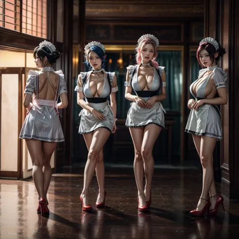 (full body of extremely detailed((sexy maid group in a row:1.37))), kawaii perfect face with reflective eyes, detailed(delicate ...