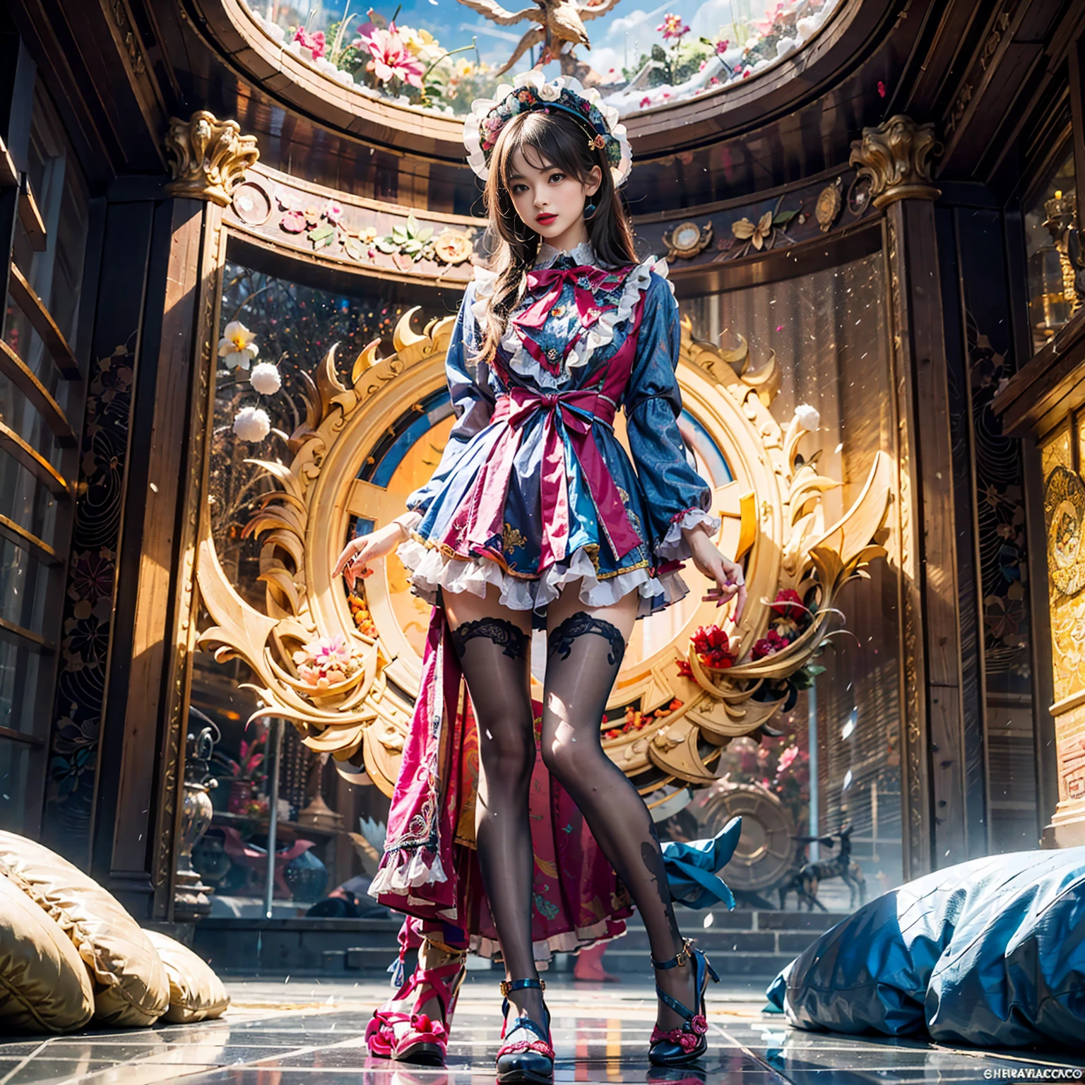 Model figure, long-legged woman, A woman in a luxurious and elaborate lolita dress, wearing lolita mary jane shoes with ornate details, patterned tights, standing on a snowy mountain, with reflective skin and reflective clothing, venusbody, full body shot, ray tracing, reflection light, chiaroscuro, UHD, masterpiece, anatomically correct, textured skin, super detail, high quality, 4K, highres