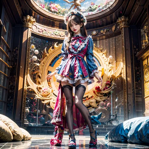 model figure, long-legged woman, a woman in a luxurious and elaborate lolita dress, wearing lolita mary jane shoes with ornate d...