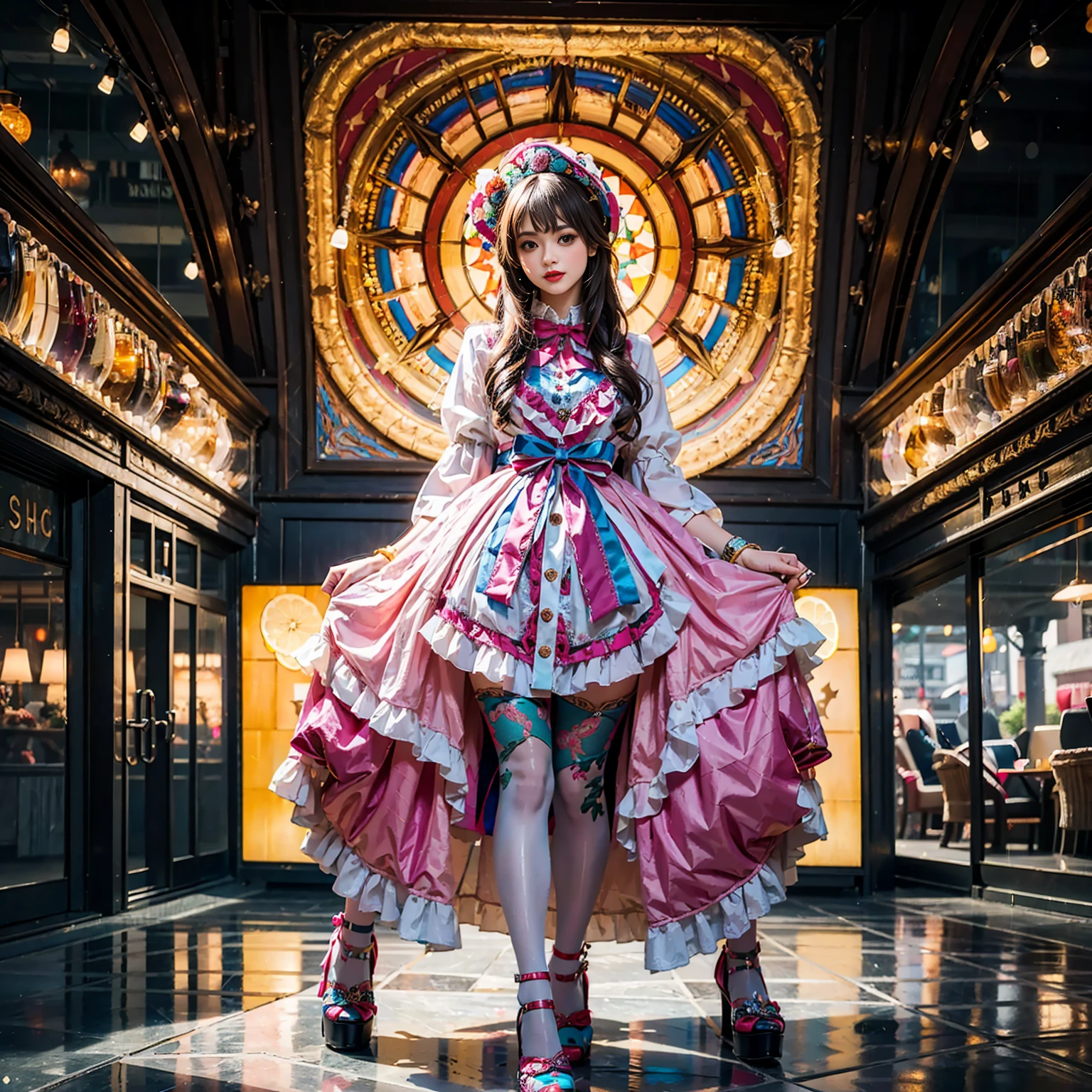 Model figure, long-legged woman, A woman in a luxurious and elaborate lolita dress, wearing lolita mary jane shoes with ornate details, patterned tights, standing on a snowy mountain, with reflective skin and reflective clothing, venusbody, full body shot, ray tracing, reflection light, chiaroscuro, UHD, masterpiece, anatomically correct, textured skin, super detail, high quality, 4K, highres