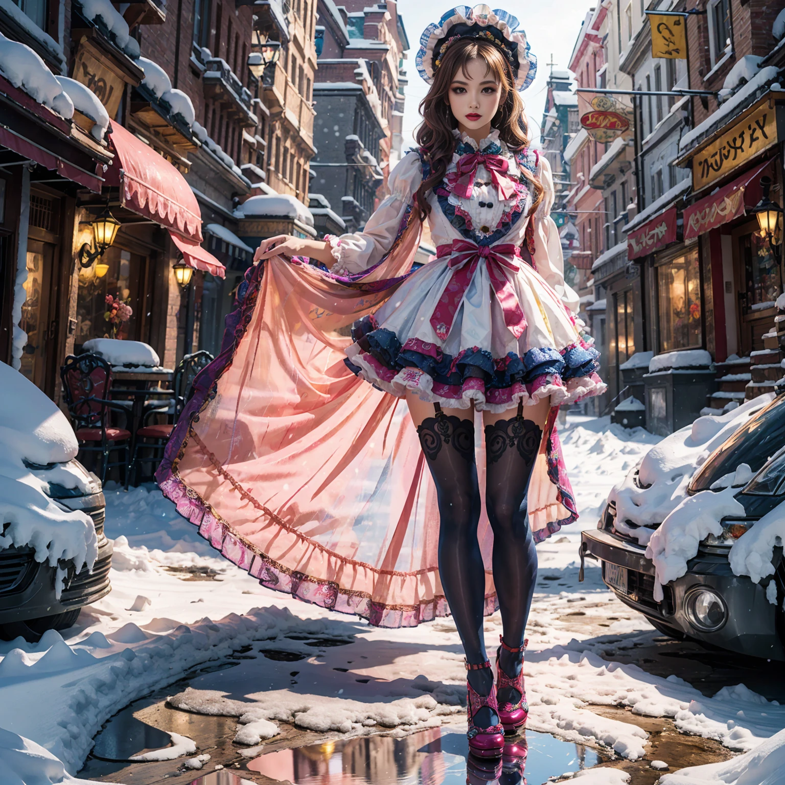 Model figure, long-legged woman, A woman in a luxurious and elaborate lolita dress, wearing lolita mary jane shoes with ornate details, patterned tights, standing on a snowy mountain, with reflective skin and reflective clothing, venusbody, full body shot, ray tracing, reflection light, chiaroscuro, UHD, masterpiece, anatomically correct, textured skin, super detail, high quality, 4K, highres