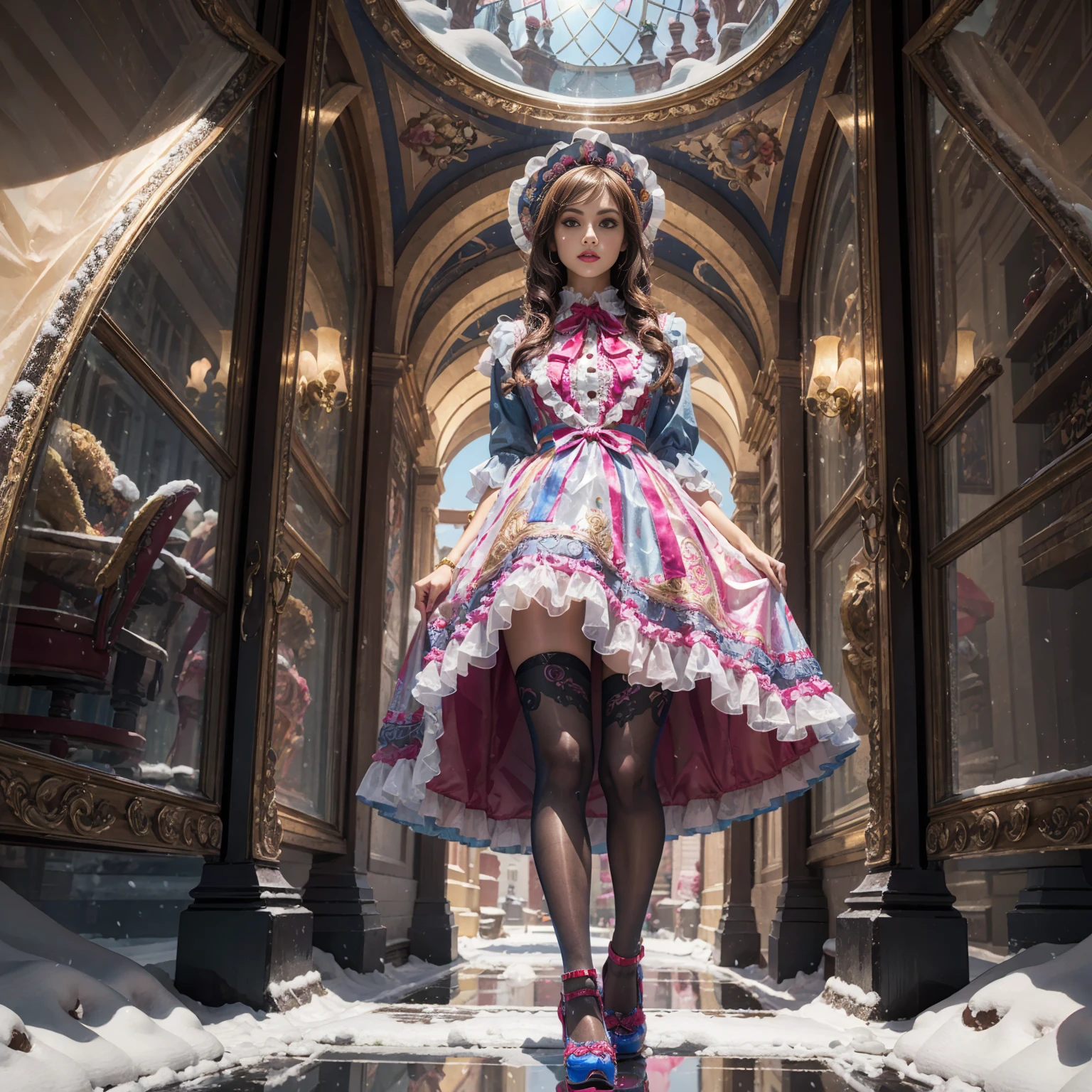 Model figure, long-legged woman, A woman in a luxurious and elaborate lolita dress, wearing lolita mary jane shoes with ornate details, patterned tights, standing on a snowy mountain, with reflective skin and reflective clothing, venusbody, full body shot, ray tracing, reflection light, chiaroscuro, UHD, masterpiece, anatomically correct, textured skin, super detail, high quality, 4K, highres