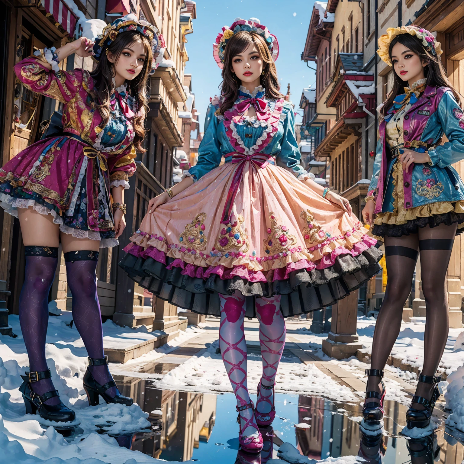 Model figure, long-legged woman, A woman in a luxurious and elaborate lolita dress, wearing lolita mary jane shoes with ornate details, patterned tights, standing on a snowy mountain, with reflective skin and reflective clothing, venusbody, full body shot, ray tracing, reflection light, chiaroscuro, UHD, masterpiece, anatomically correct, textured skin, super detail, high quality, 4K, highres