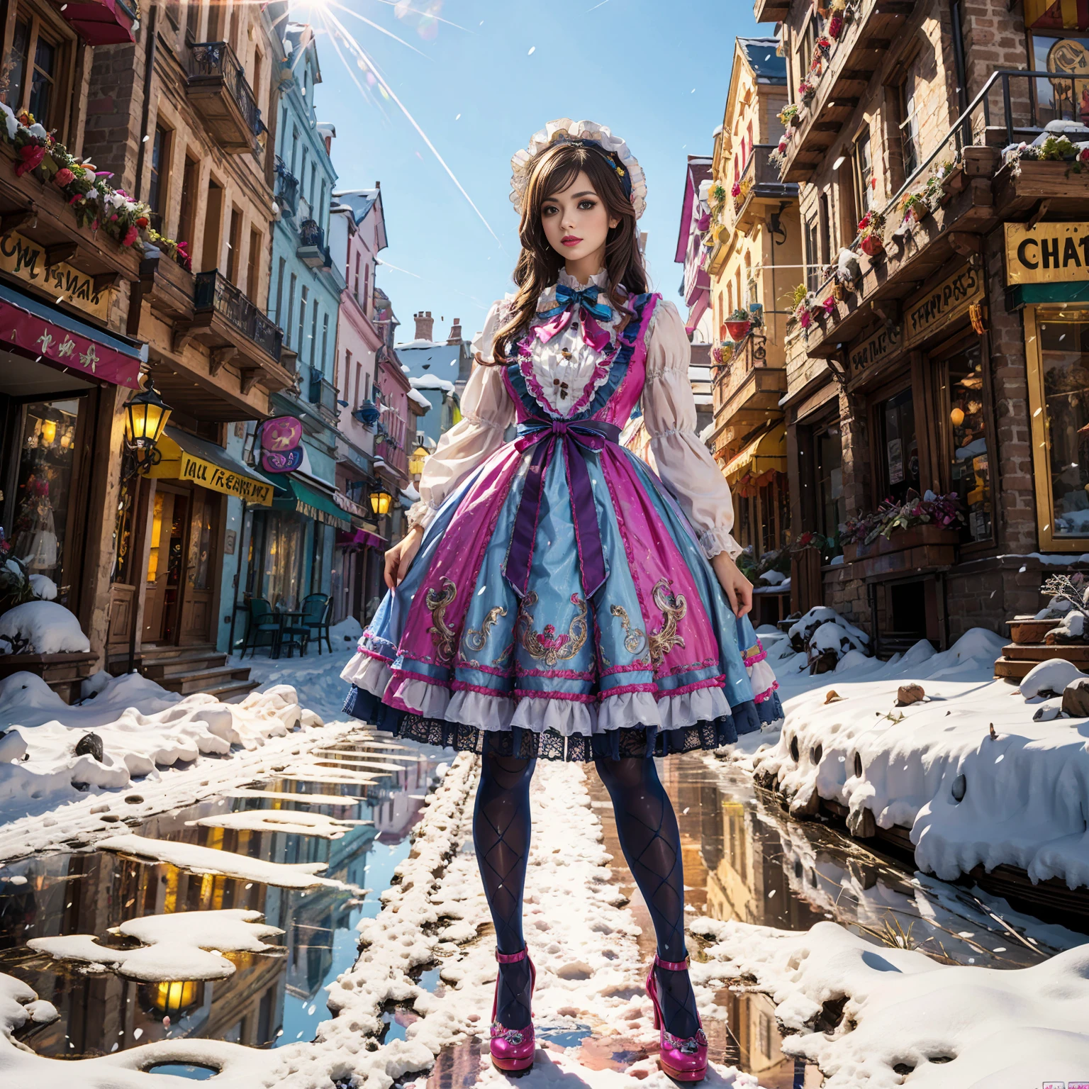 Model figure, long-legged woman, A woman in a luxurious and elaborate lolita dress, wearing lolita mary jane shoes with ornate details, patterned tights, standing on a snowy mountain, with reflective skin and reflective clothing, venusbody, full body shot, ray tracing, reflection light, chiaroscuro, UHD, masterpiece, anatomically correct, textured skin, super detail, high quality, 4K, highres