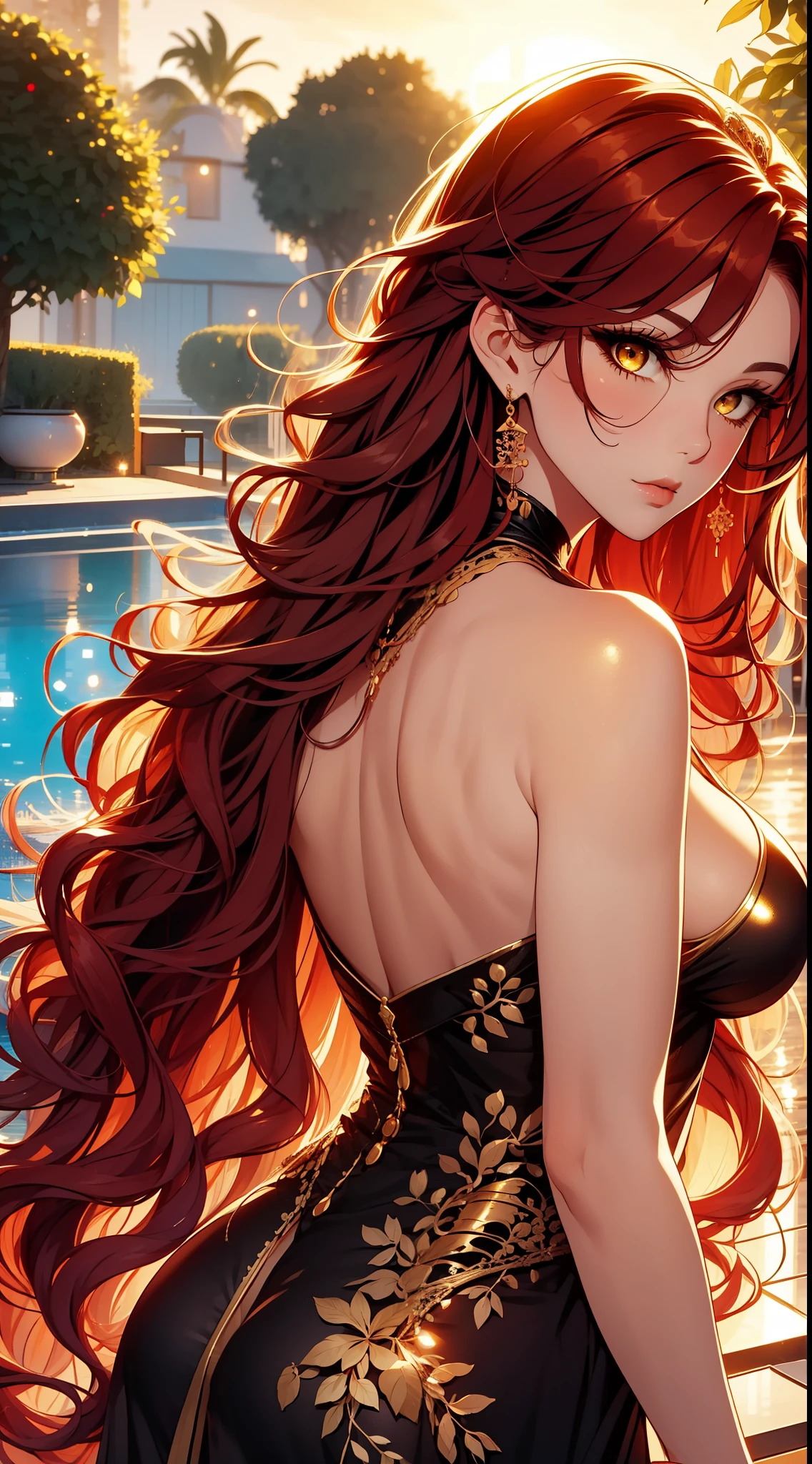 beautiful, Mark, queen Mark, black dress, deep cleavage, wavy red hair, golden eyes, Good, pool curtain, sexy, sensual, looking back