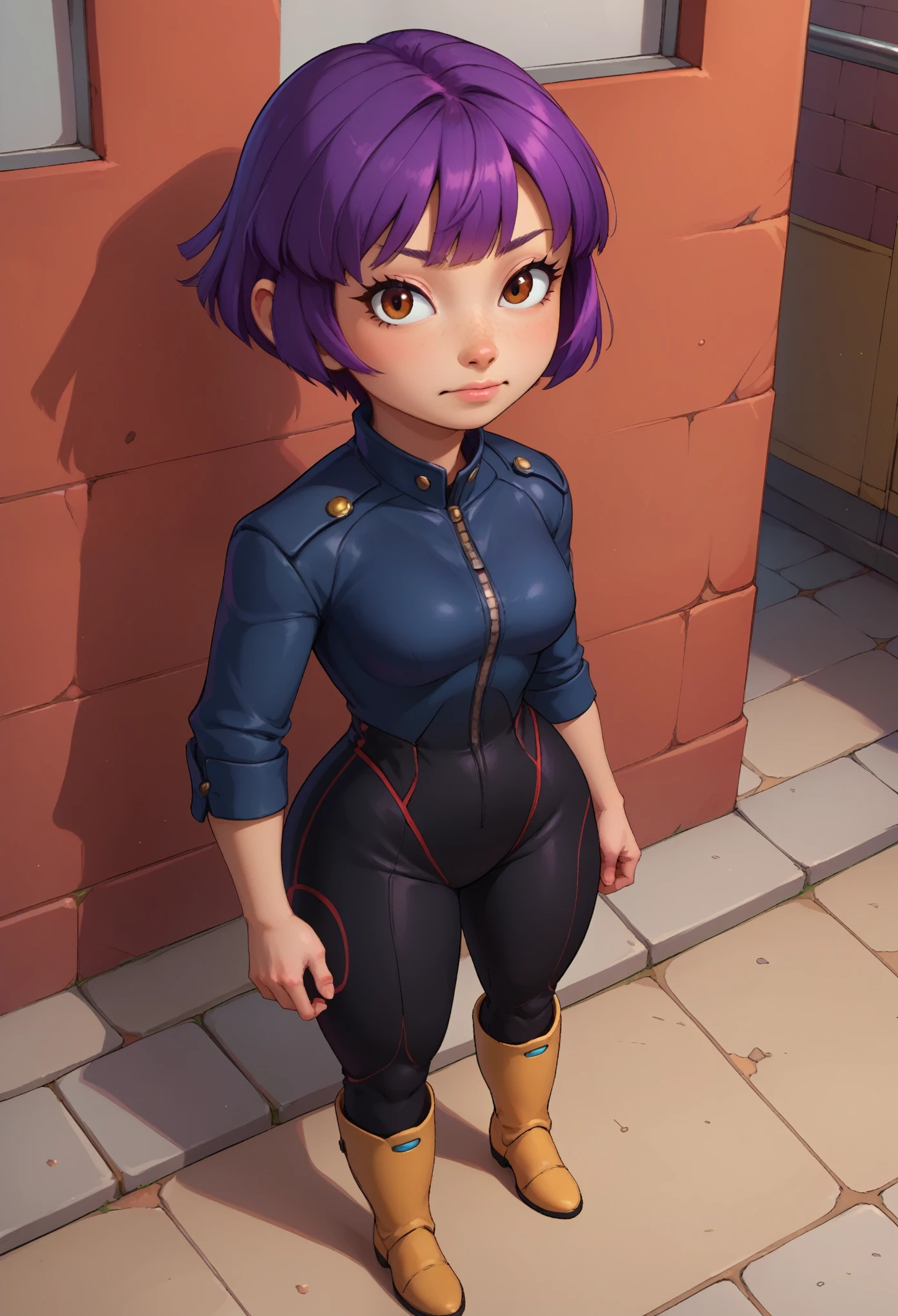 score_9, score_8_above, score_7_above, BREAK, snails, 1 girl, Alone, short hair, simple background, black fur, Brown eyes, purple hair, Boots, yellow mono, hull, cowboy shot, street background, Wide hips, medium breasts, detailed, black jumpsuit, disde atrás, is,