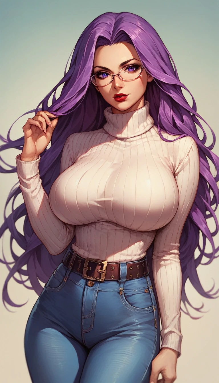 best quality, solo, 1girl, medusa, (purple eyes, glasses purple hair, long hair), (red lips), looking at viewer, (large breast), (turtleneck sweater, blue jeans, belt), cowboy shot,