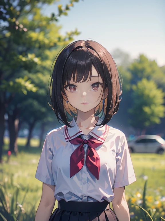 onasaiyuki, 1girl, solo, shirt, skirt, upper body, white shirt, short sleeves, short hair, closed mouth, bangs, collared shirt, black hair, black skirt, expressionless, brown hair, brown eyes, school uniform, outdoors, arms at sides, bow, medium hair, artist name, pleated skirt, pink shirt, bob cut, blurry, blue skirt, red eyes, standing, grass, looking away, bowtie, parted lips, blouse, looking afar, purple eyes, blurry background, looking up, neckerchief, depth of field, ribbon, pink eyes, looking to the side