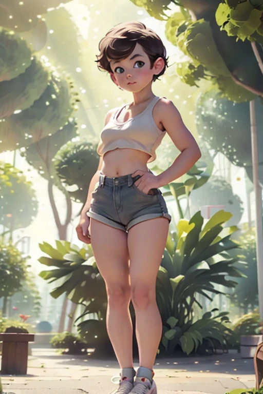 in a park, short pixie cut, brown hair, blue eyes, ((small breasts, armpits, cameltoe)), sneakers, baby face, (((full body view))), daisy dukes, bralette, beautiful face, thick eyebrows, fat ass